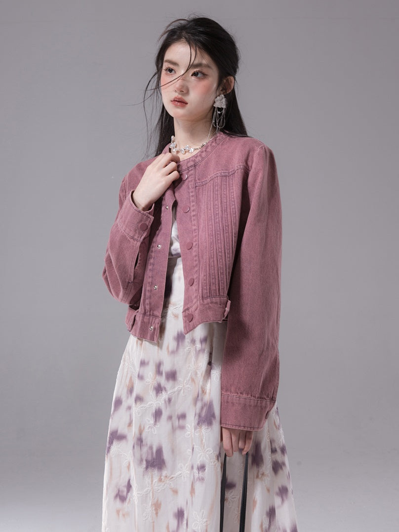 No-Collar Colored Denim Short Jacket