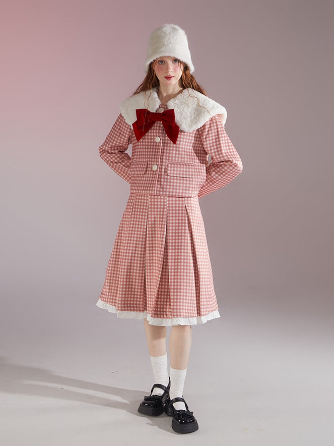 Retro Gingham Plaid Big Collar Jacket & Pleated Skirt