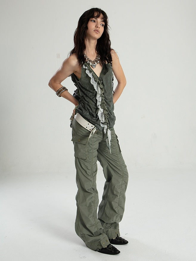 Old Washed Straight Flared Pleated Gather Pants