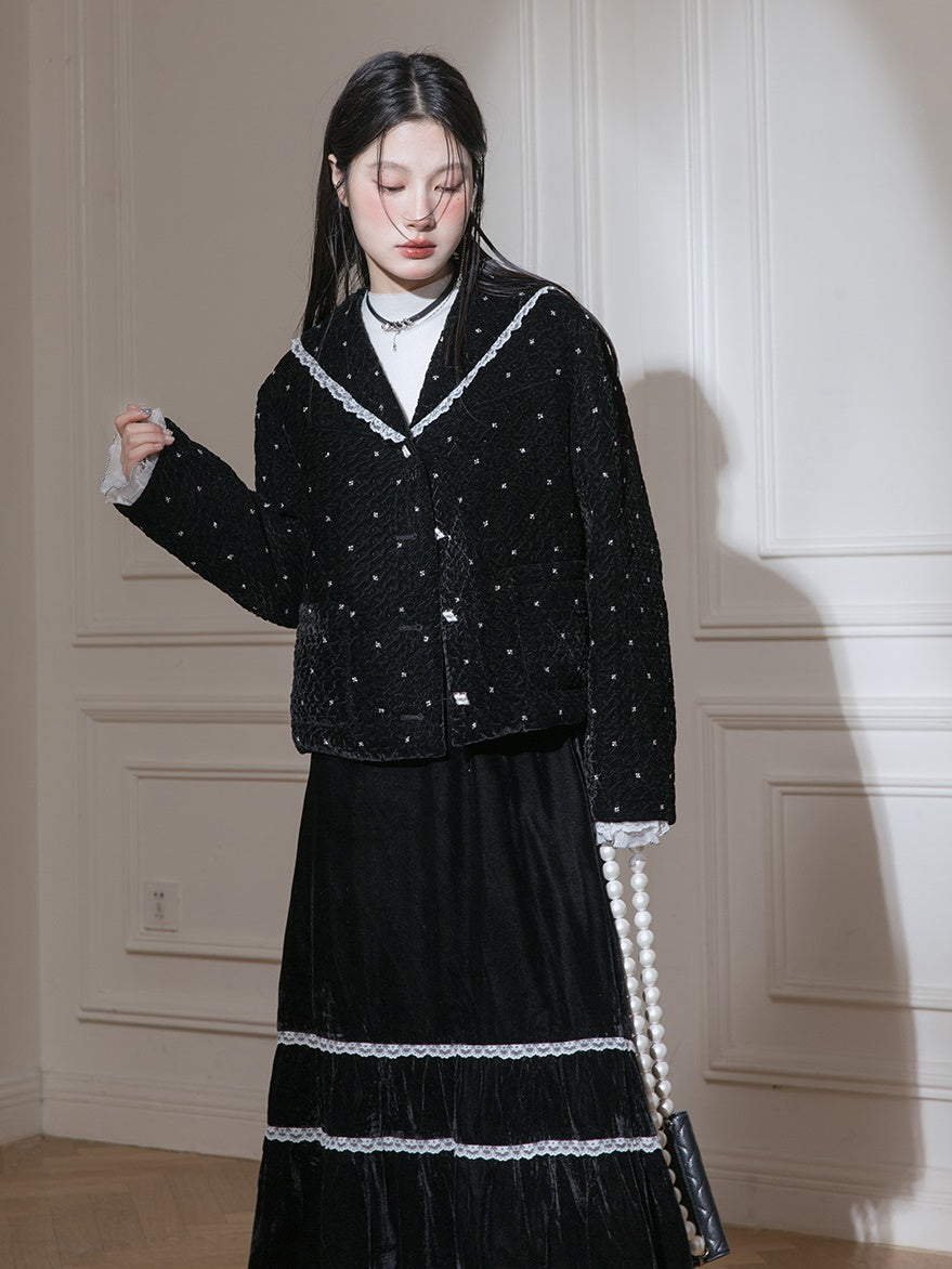 Velvet Bead-flower Short Jacket & Lace Stitch Cake Skirt