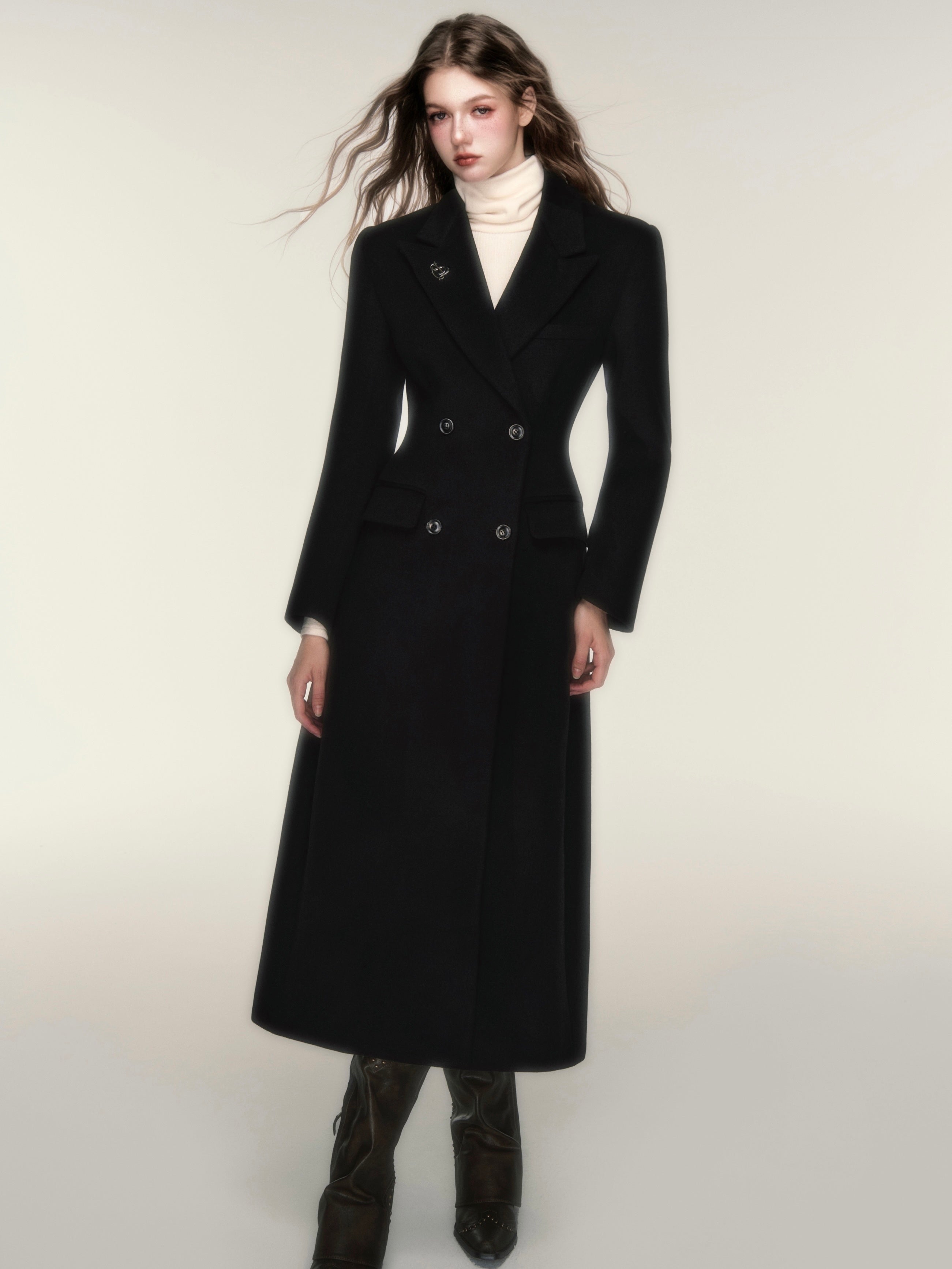 모래 시계 허리 더블 버튼 롱 코트