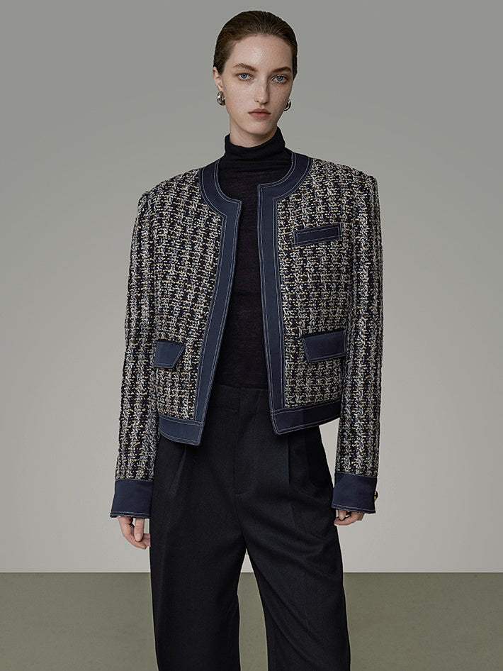 Satin Splicing Design Quilting Tweed Short Jacket
