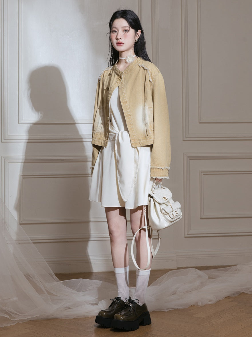 끈적 끈적한 활 디자인 짧은 드레스