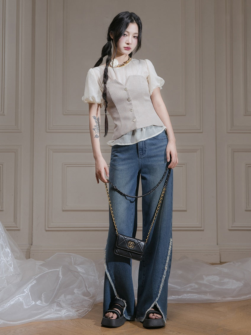 Puff Sleeve Sheer Shirt & Bear top Vest Set-up