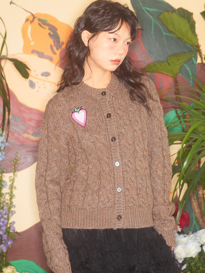 Love Strawberry Embroidered Cable Knitted Cardigan