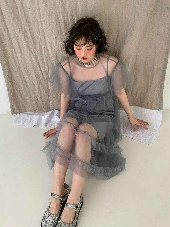 Mesh backless Strap Dress & Fairy Sling Skirt Set-UP