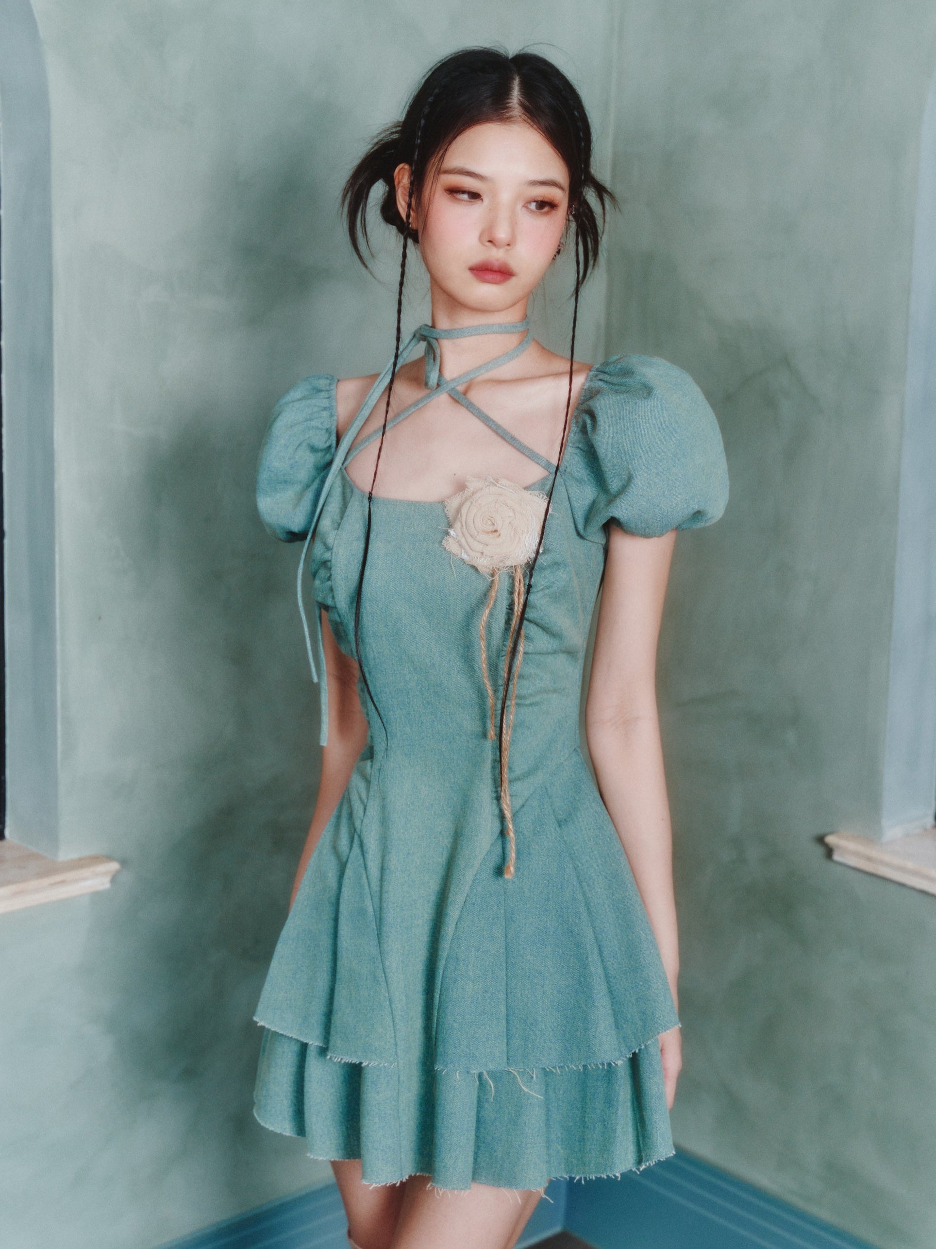 Lace-up Pleated Puff Sleeve Denim Dress