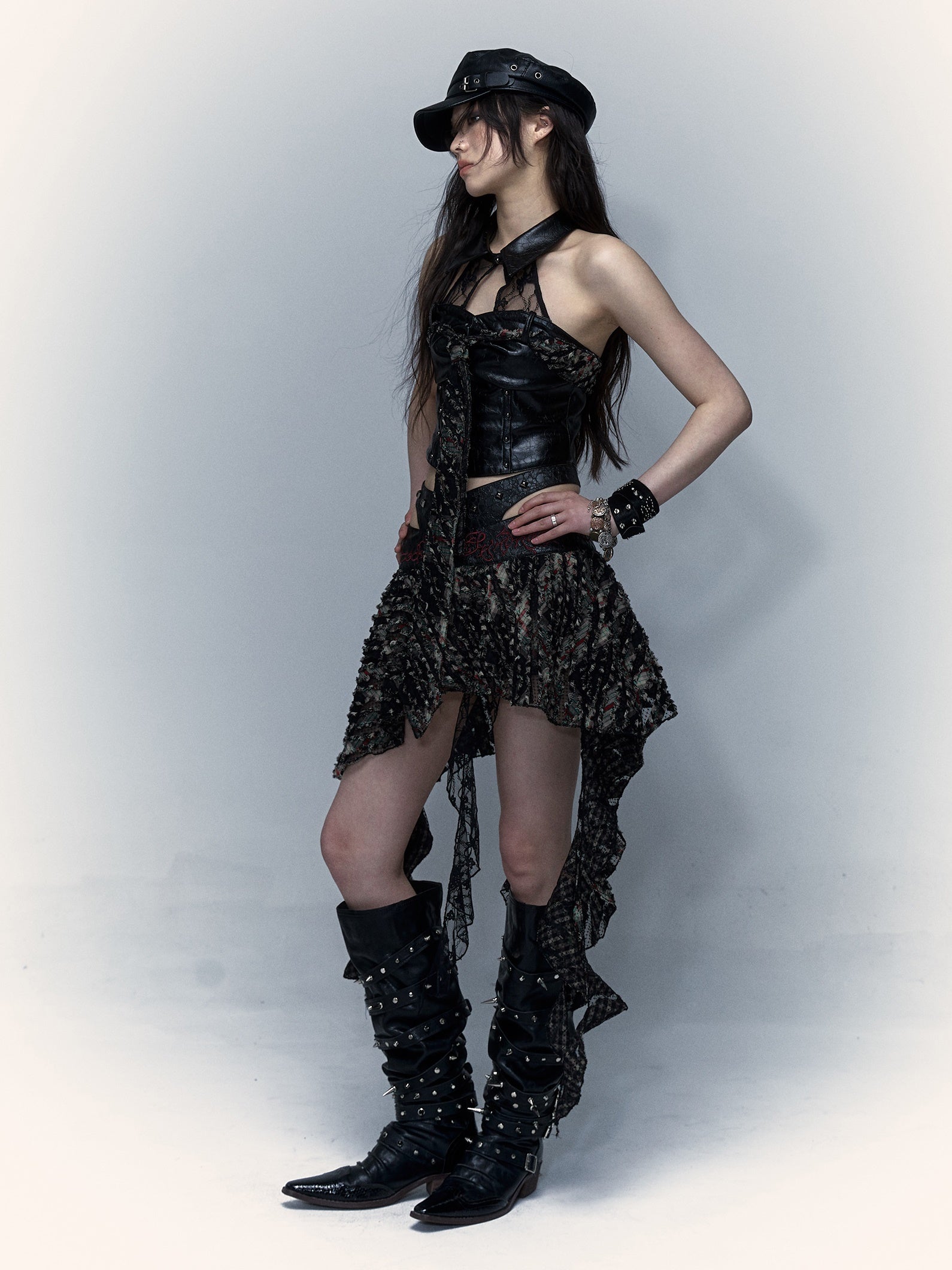 Stitching Embroidered Skirt & Lace Stitch Leather Tube Top