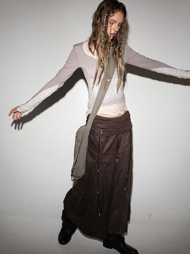 모방 스웨이드 로우 웨이스트 주름 중간 스커트