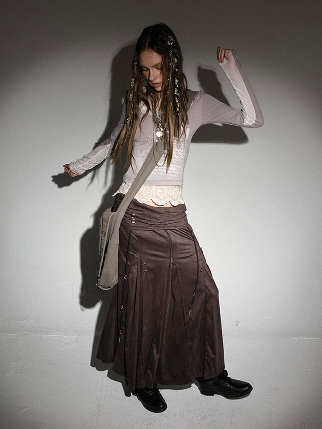 모방 스웨이드 로우 웨이스트 주름 중간 스커트