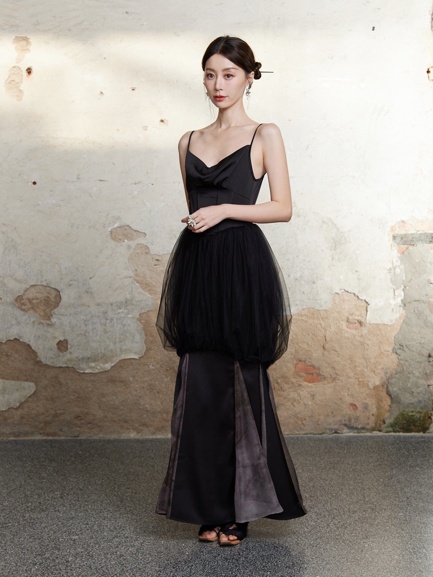 메쉬 꽃 새싹 미끄러짐 긴 드레스