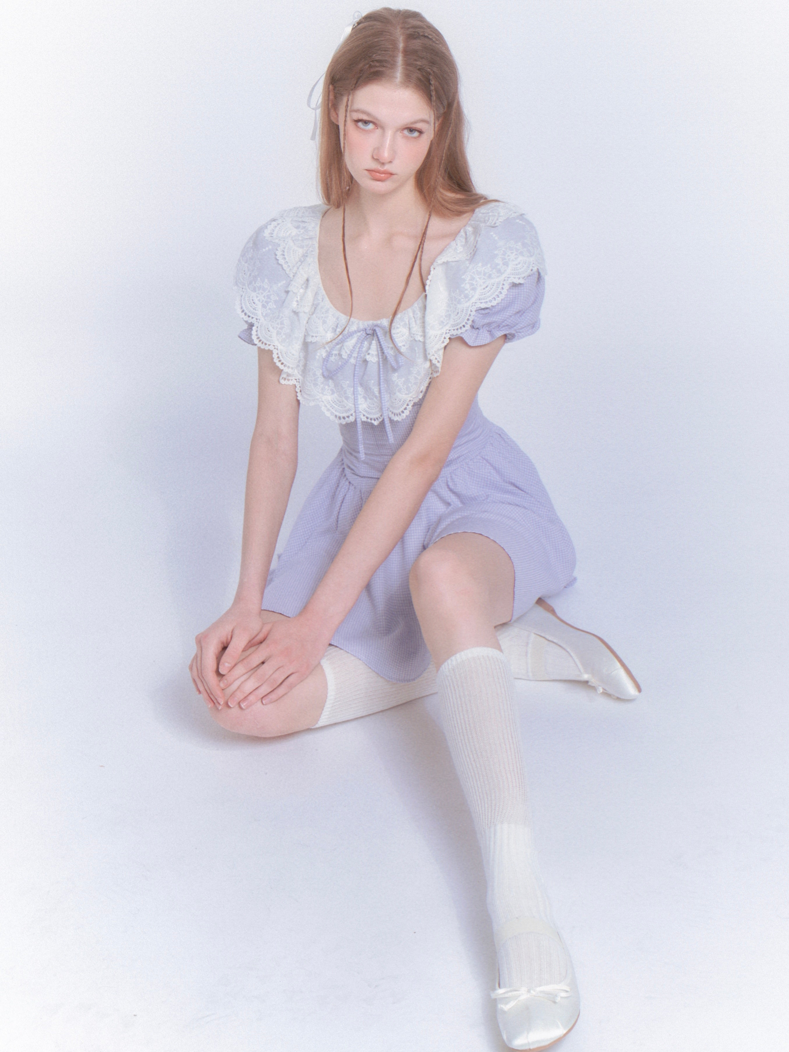 Netzspitze Stickerei Prinzessin Puffärmel Kleid