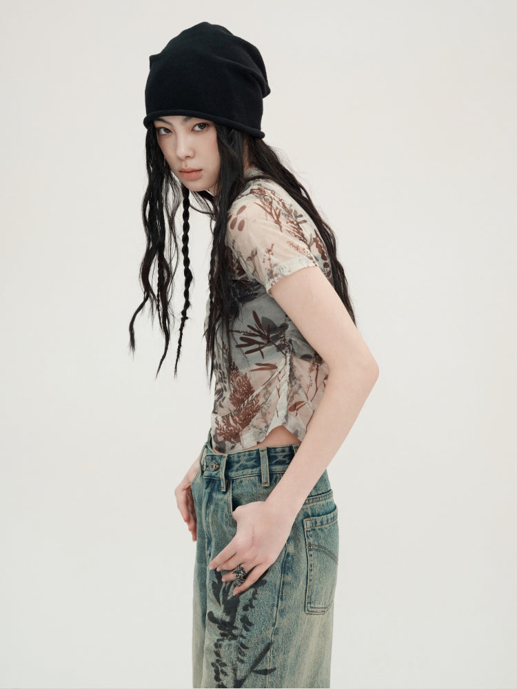 Plant Printing Micro-transparent Mesh T-shirt