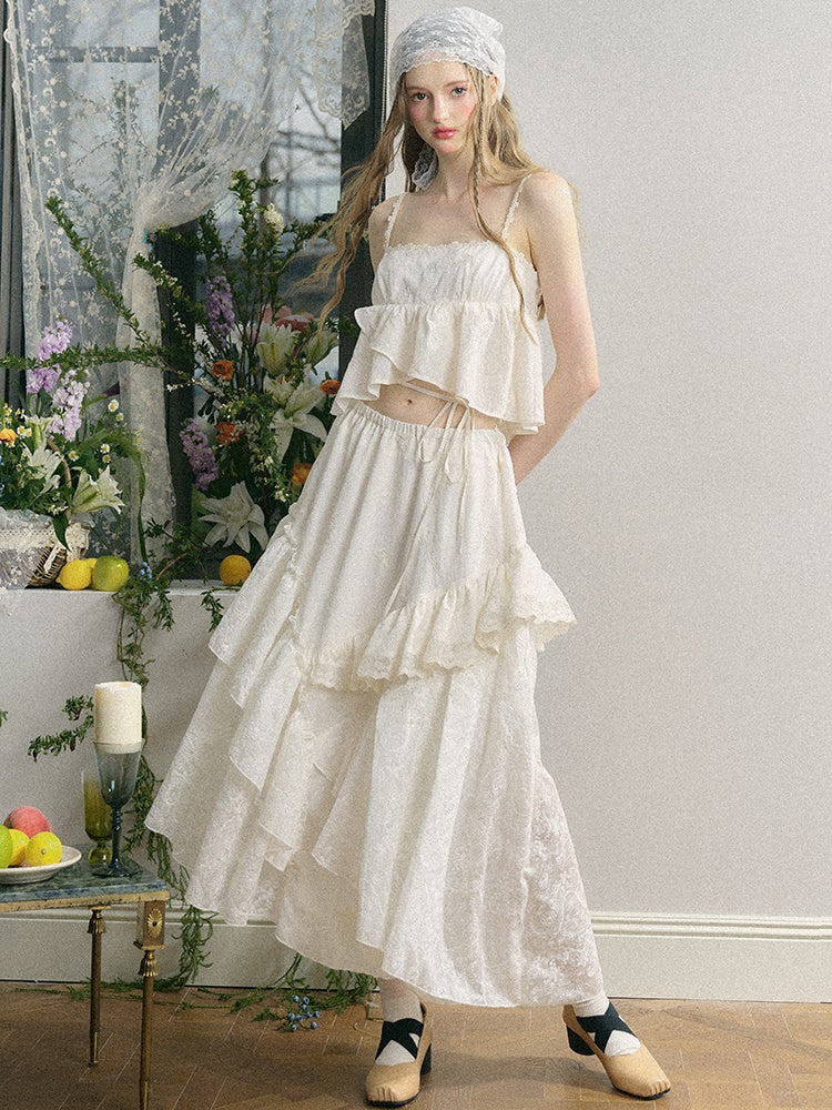 Embroidered Jacquard Ruffled Sling & Asymmetry Skirt