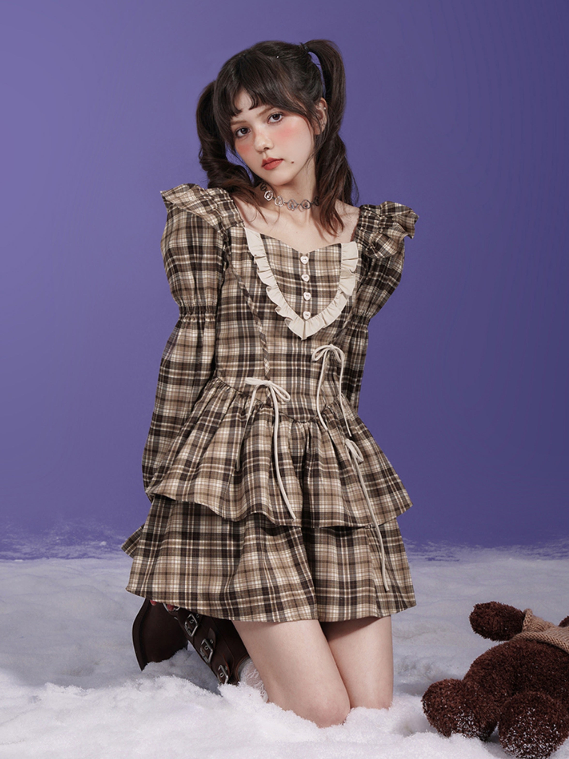 Karierte Bogen kleine fliegende Ärmeln Kleid