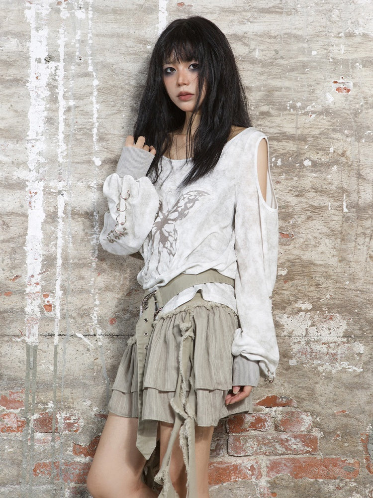 Lose geschnittene Schulter langärmelte T-Shirt