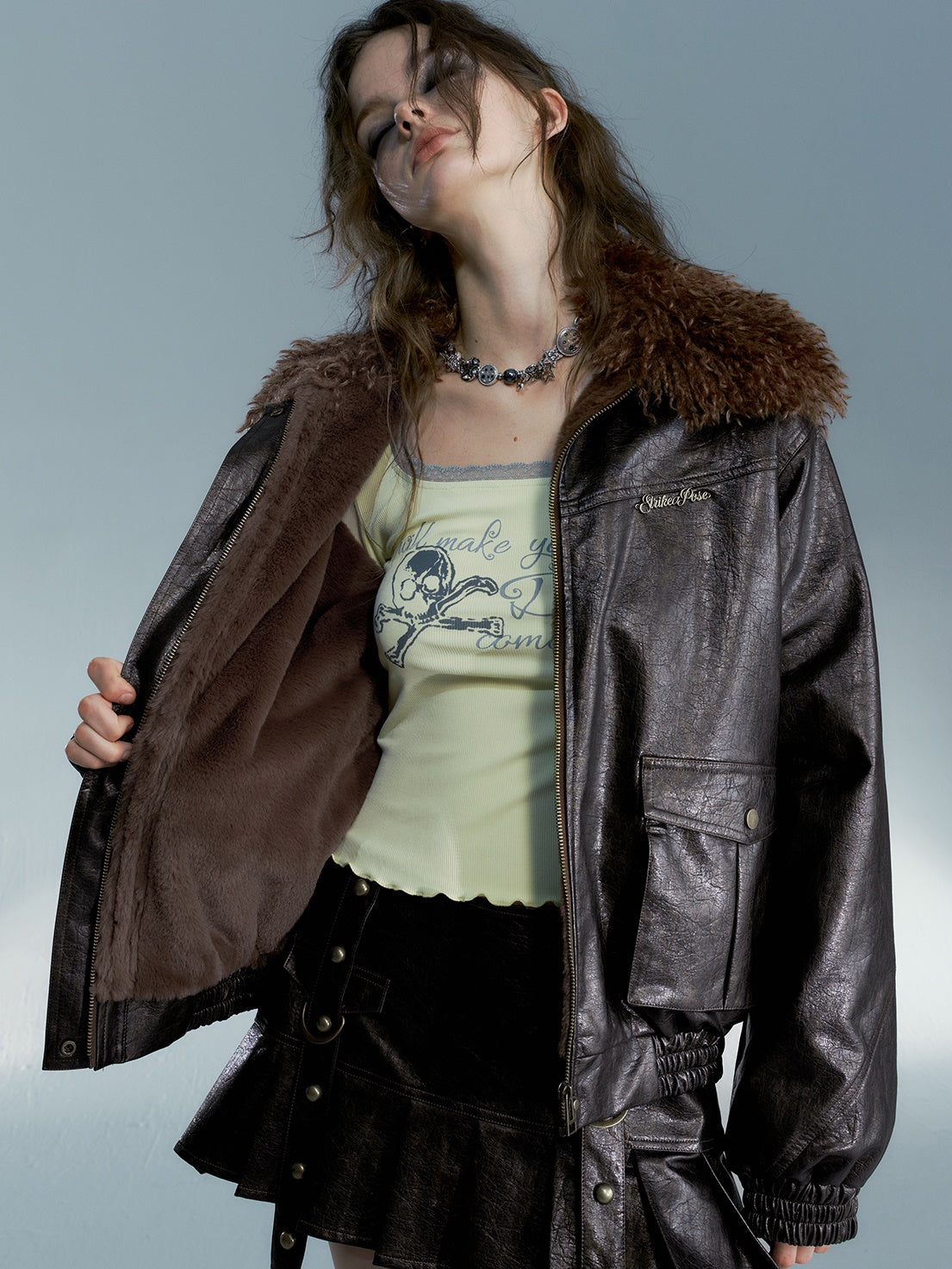 Abnehmbares Plüschkragen lose Lederjacke