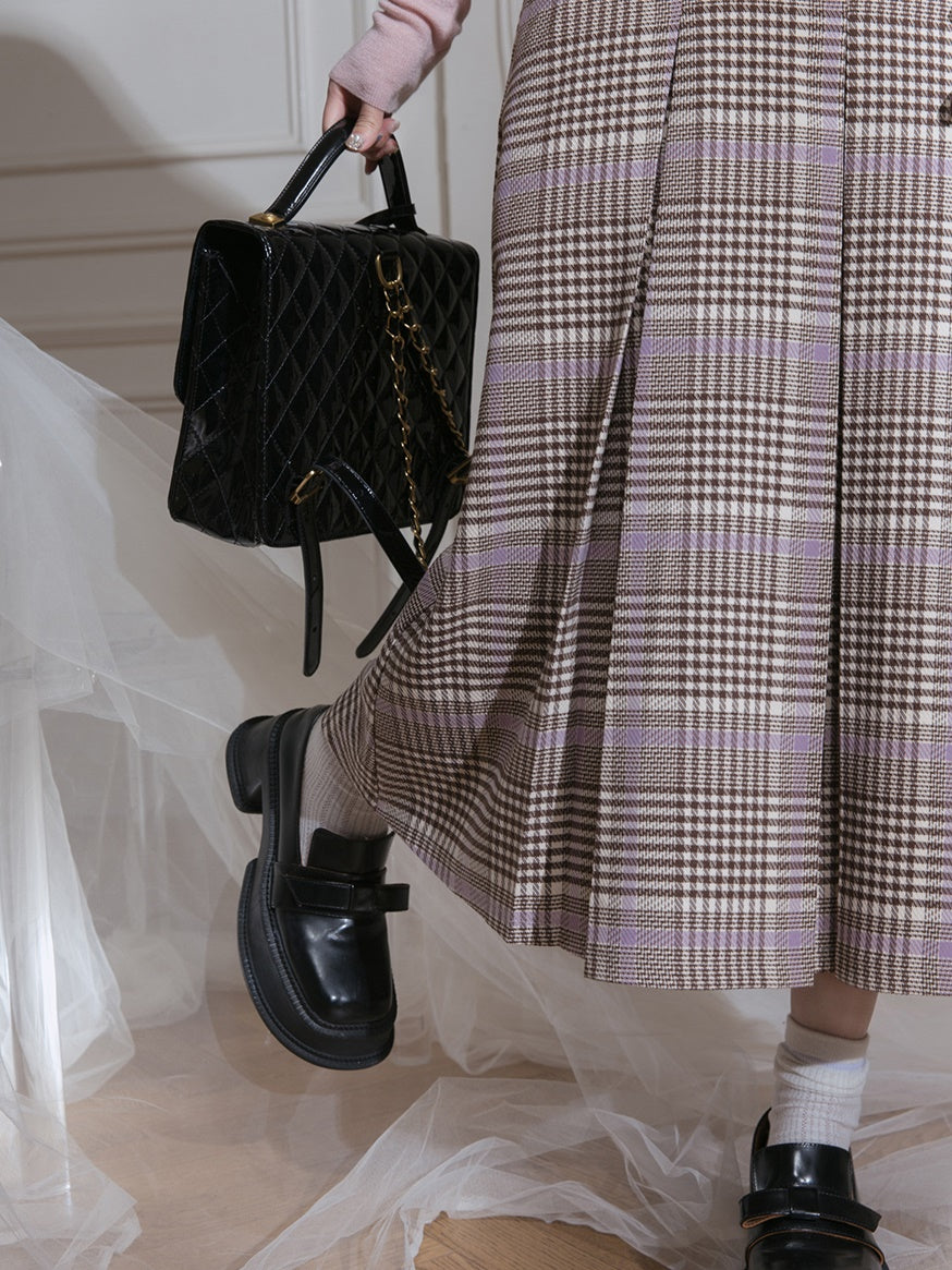 Navy Collar Plaid Short Jacket & A-Line Pleated Skirt