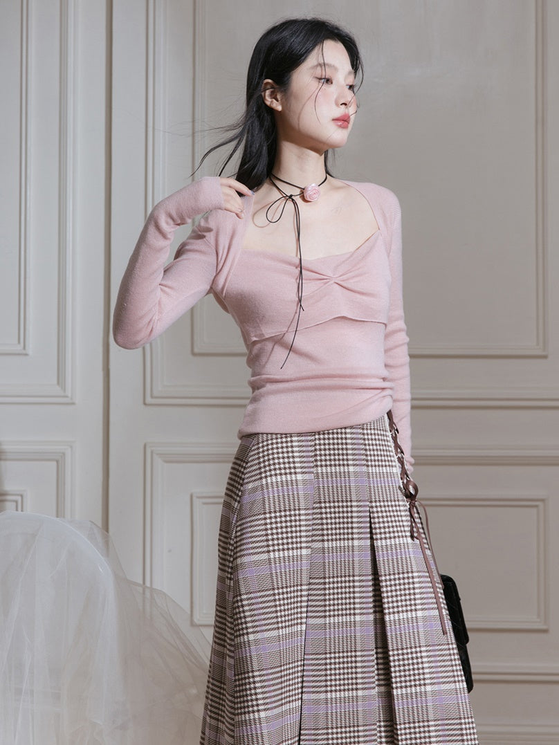 Navy Collar Plaid Short Jacket & A-Line Pleated Skirt