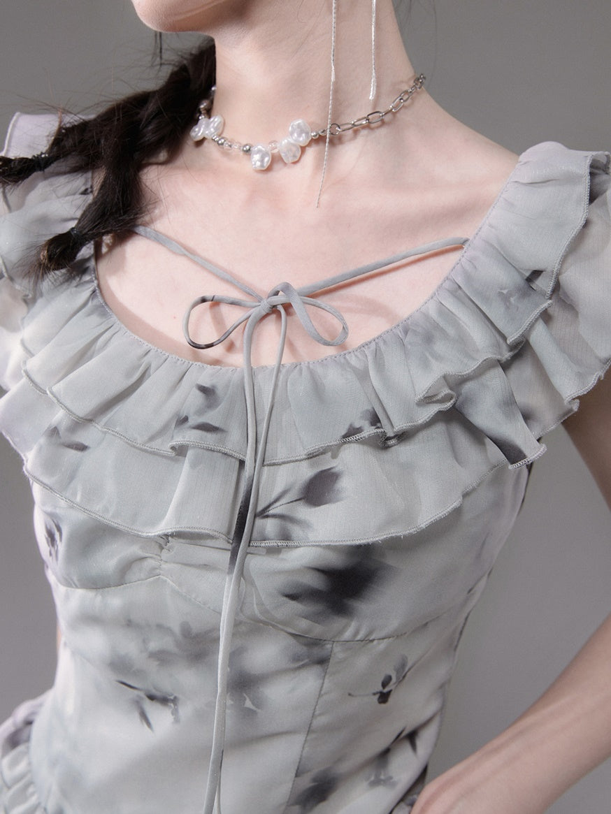 Tulip Mist Ash Ruffled Sleeveless Top & Irregular Hem Skirt Set-up