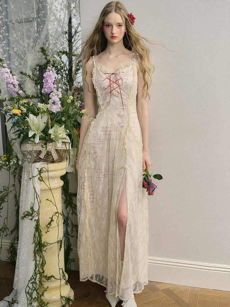 Letter Print Lace Long & Short Suspender Dress