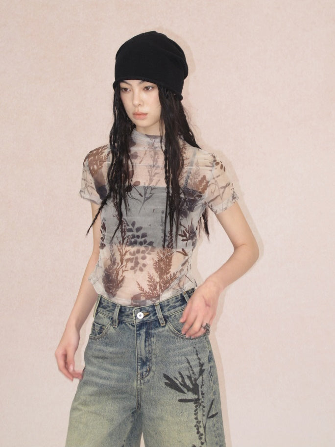 Plant Printing Micro-transparent Mesh T-shirt