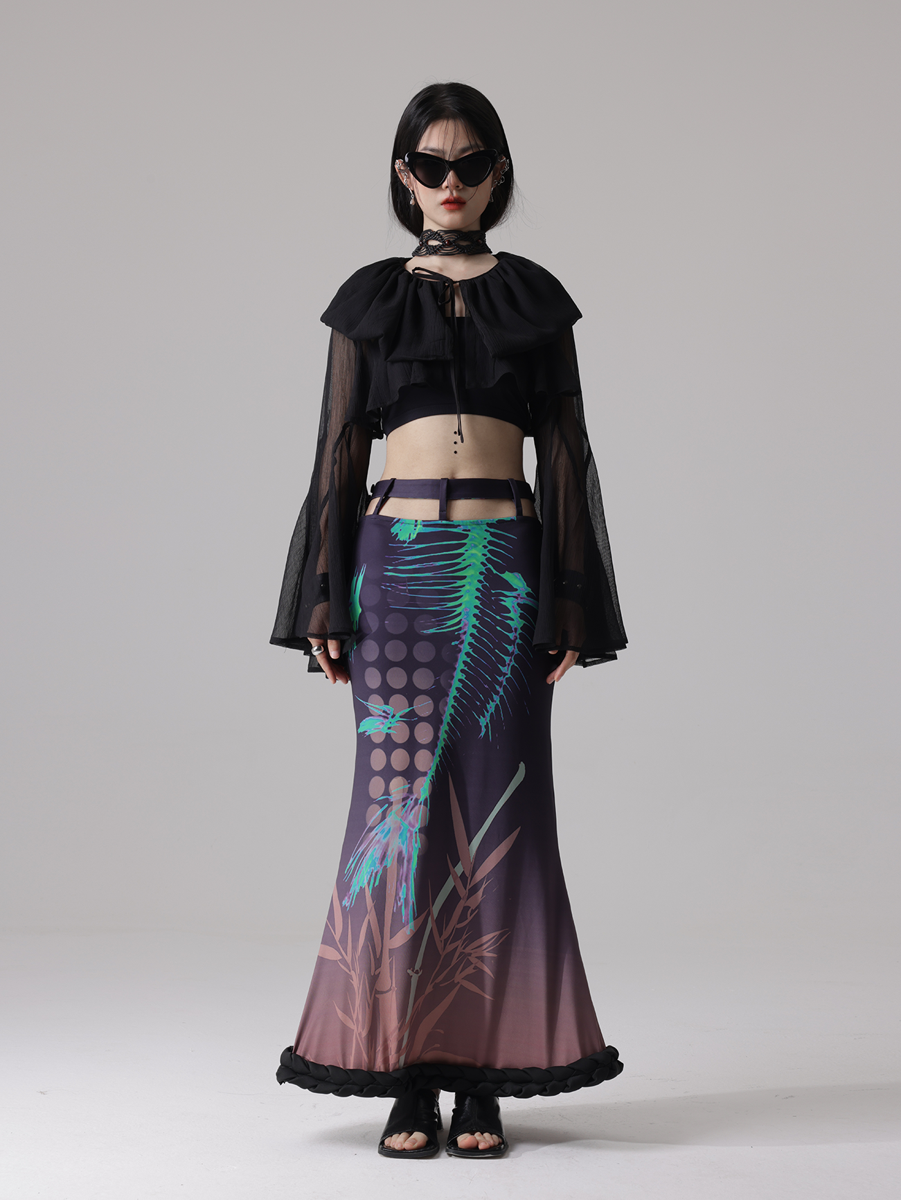 Fishbone Print Stitching Braid Profile Hem Top & Fishtail Skirt