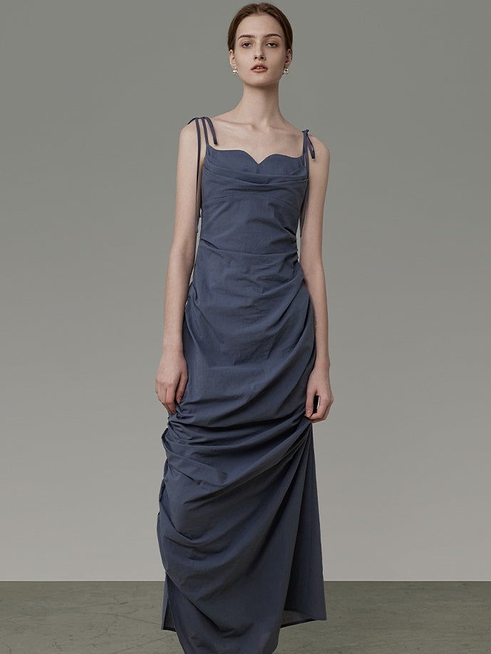 Curved Neckline Drape Suspender Dress