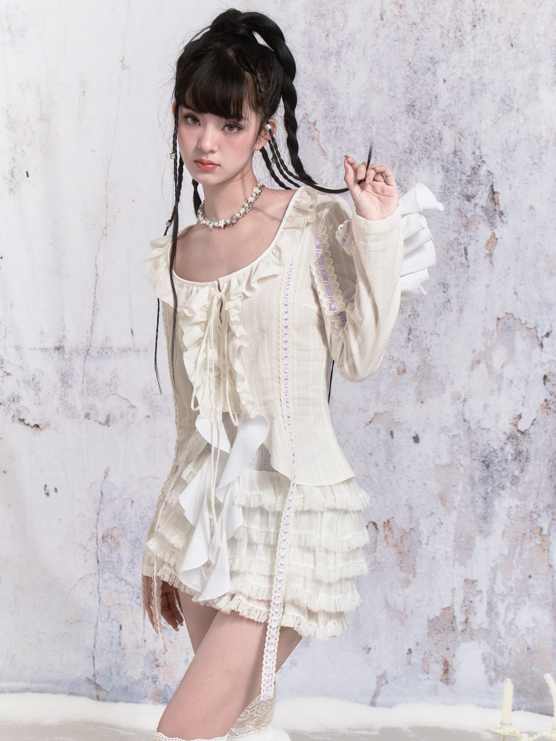 Ruffle Lace Strap Short Cardigan