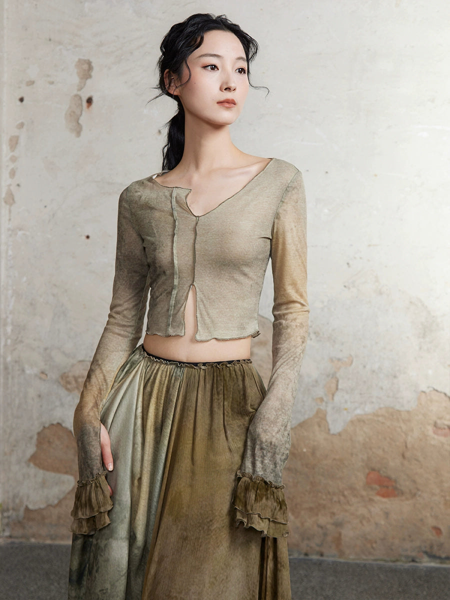Thin Plant Print Long-sleeved Lace T-shirt