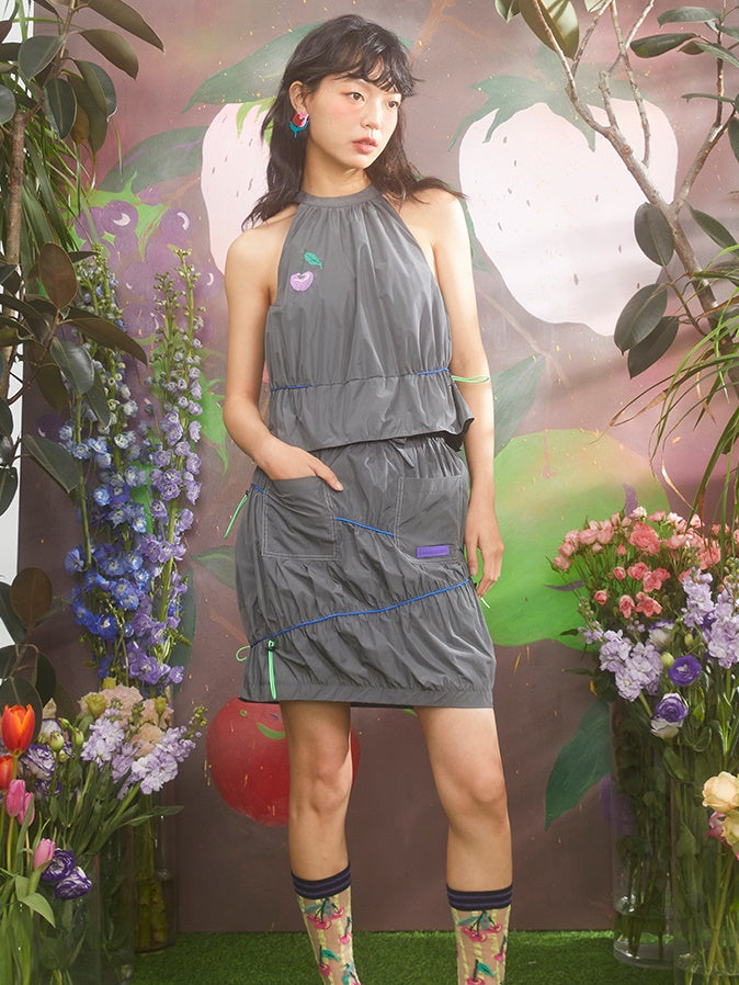 Cherry Embroidery Drawstring Halter Vest & Skirt