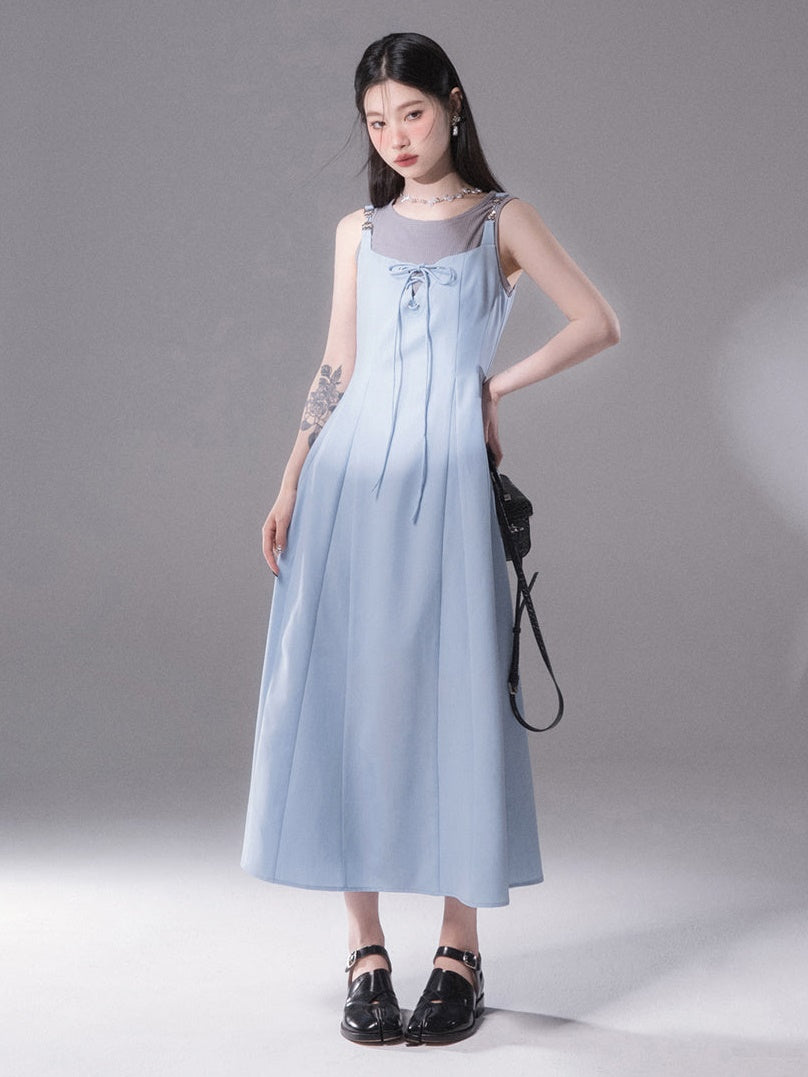 Rope Ribbon Suspender Long Skirt & Short Tank Top Set-up