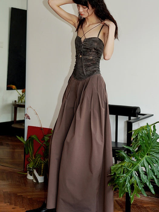 Polarized Faux Leather Hollow Suspender Long Dress