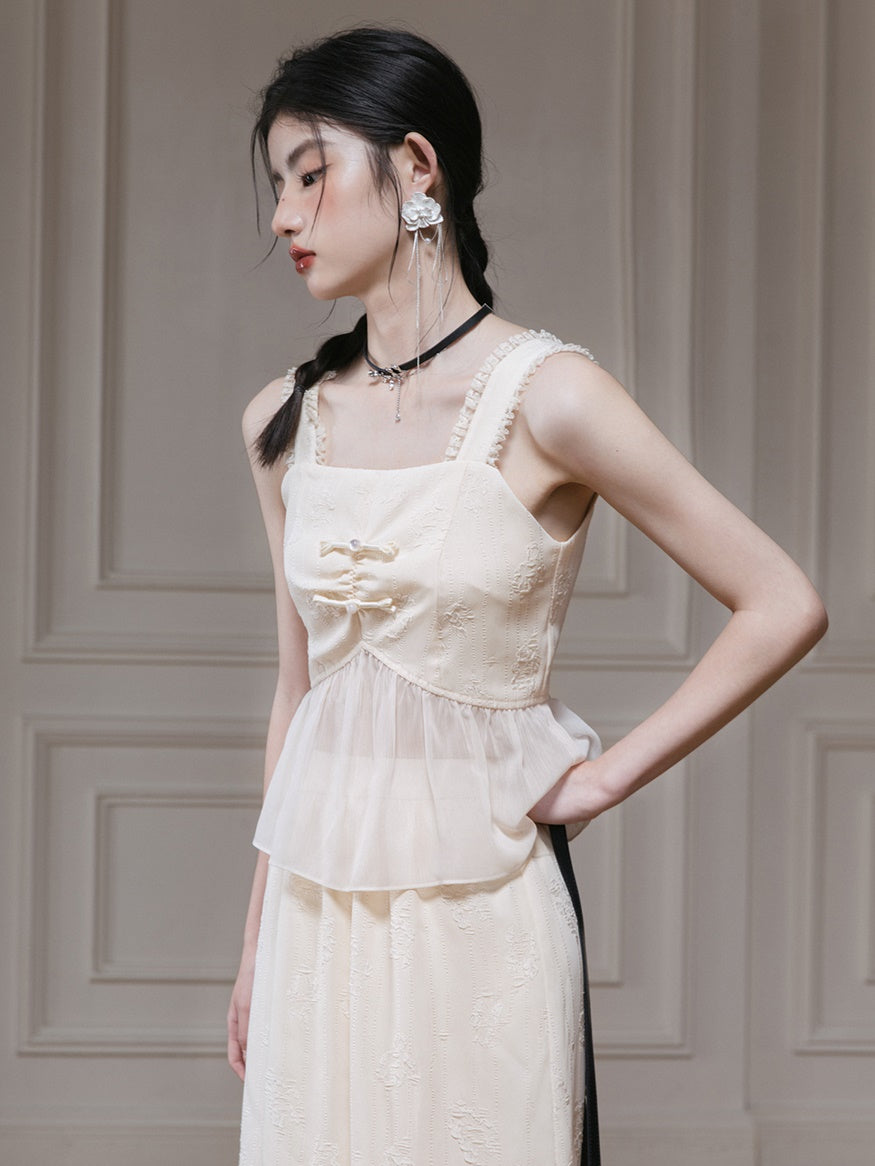 Jacquard Gauze Switching Camisole Top & Ruffle Skirt Set-up