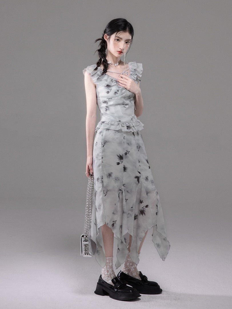 Tulip Mist Ash Ruffled Sleeveless Top & Irregular Hem Skirt Set-up