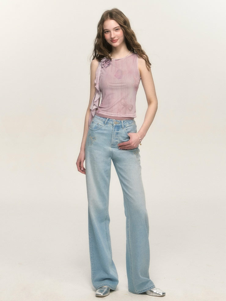 Embroidered Washed Distrssed Straight Loose Denim