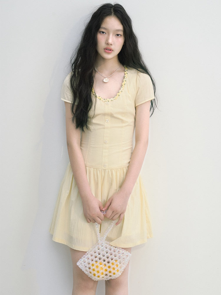 Flower Lace Stitch Wrinkled Short One-piece