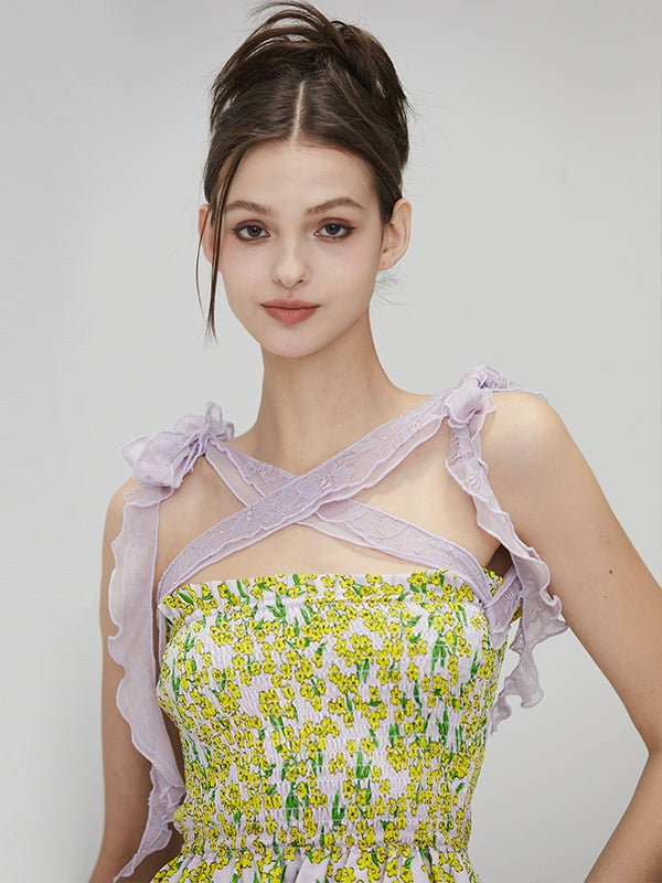 Floral Strap Shirring Tube Top