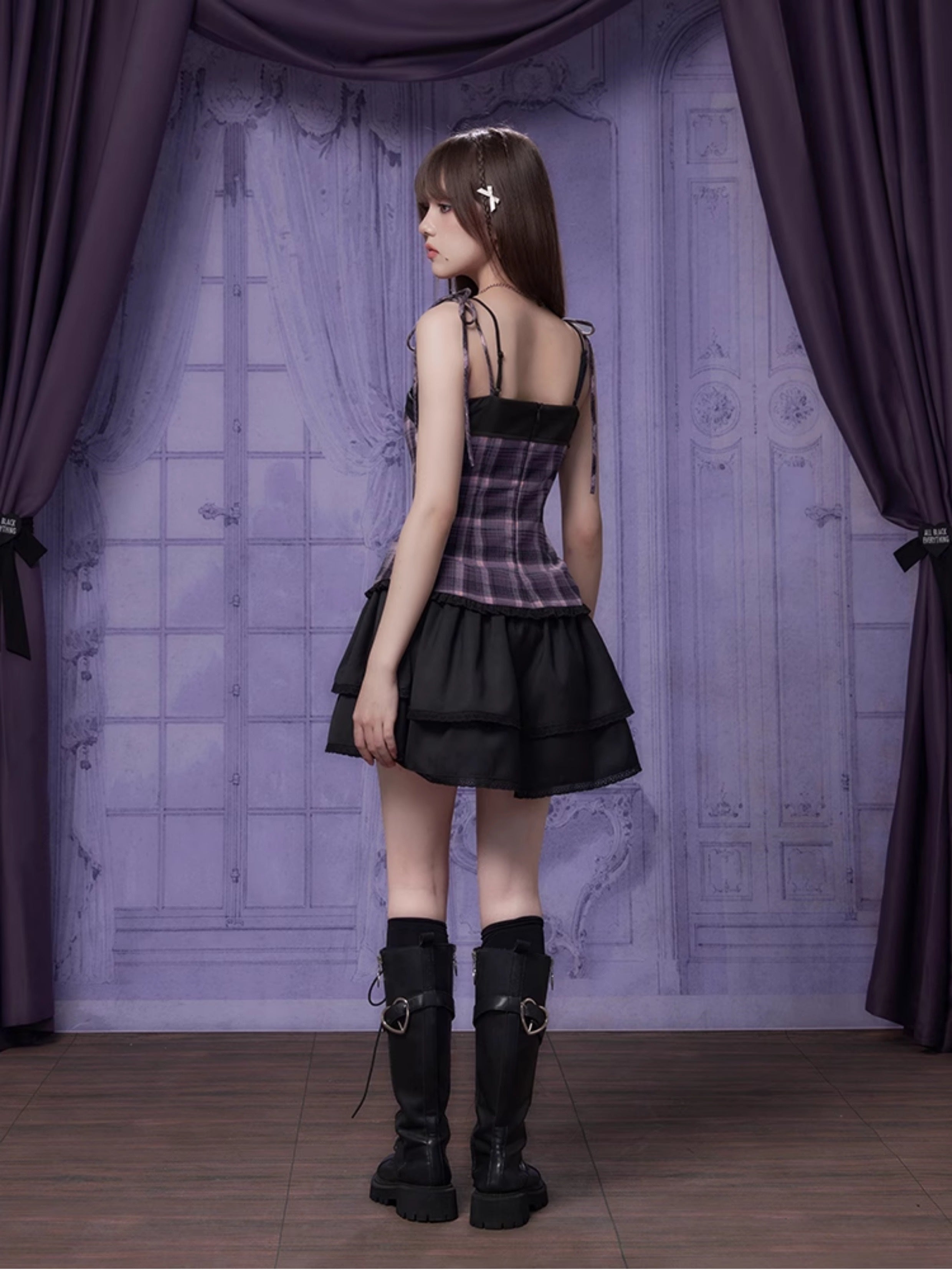Grid Switching Design Suspender Dress