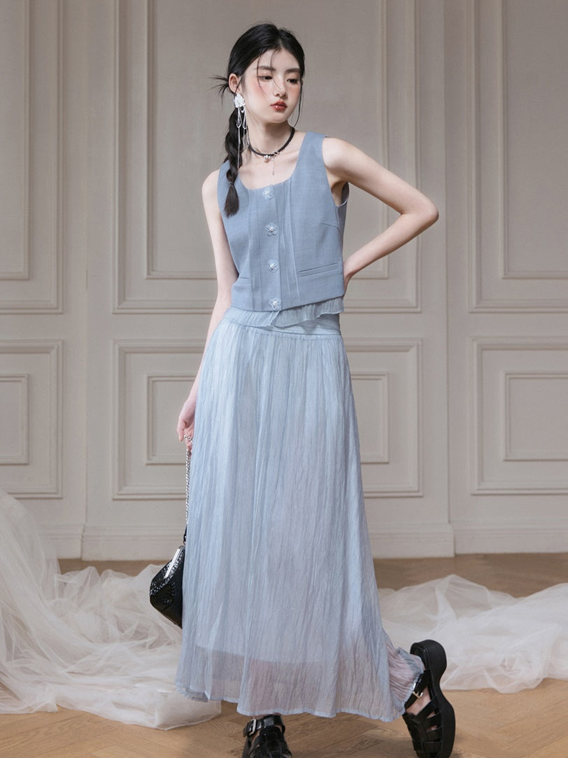Frill Stitch U-neck Vest & Gauze Long Skirt Set-up