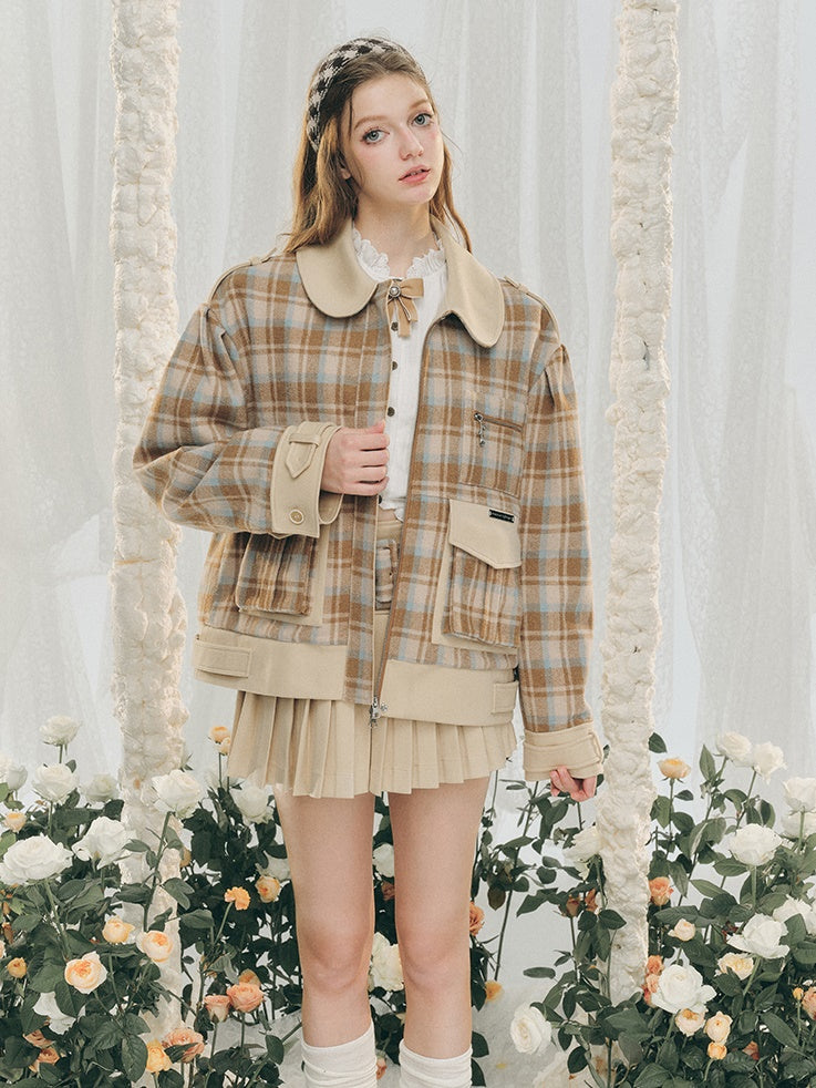 Plaid Round Collar Short Jacket & Mini Pleated Skirt