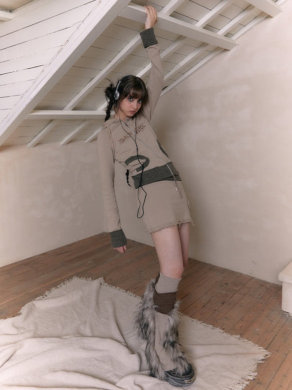 Raw Edge Zipper Hooded Parka & Sweat Short Skirt