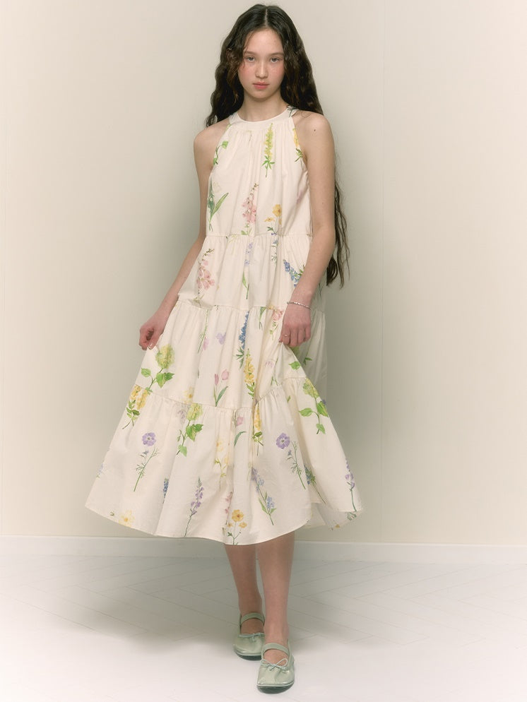 French Retro Girly Print Pleated A-line Halterneck Long Dress