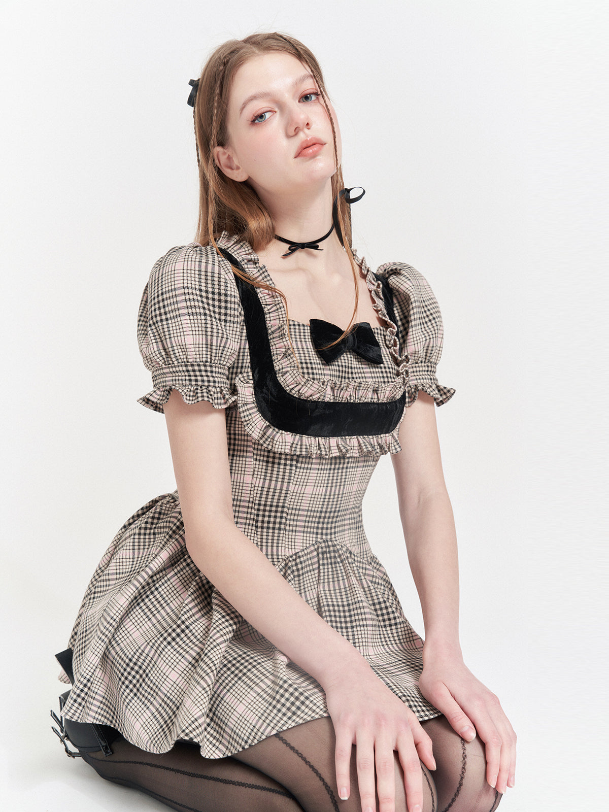 PLAID COLLEGE STYLE LACE SQUARE COLLAR FAKE TWO-PIECE Dress
