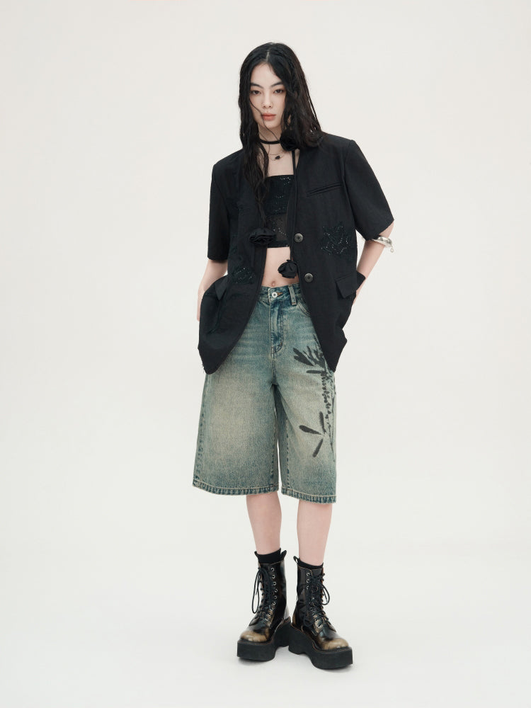 Carved Lace Embroidery Jacket & Camisole & Short Skirt