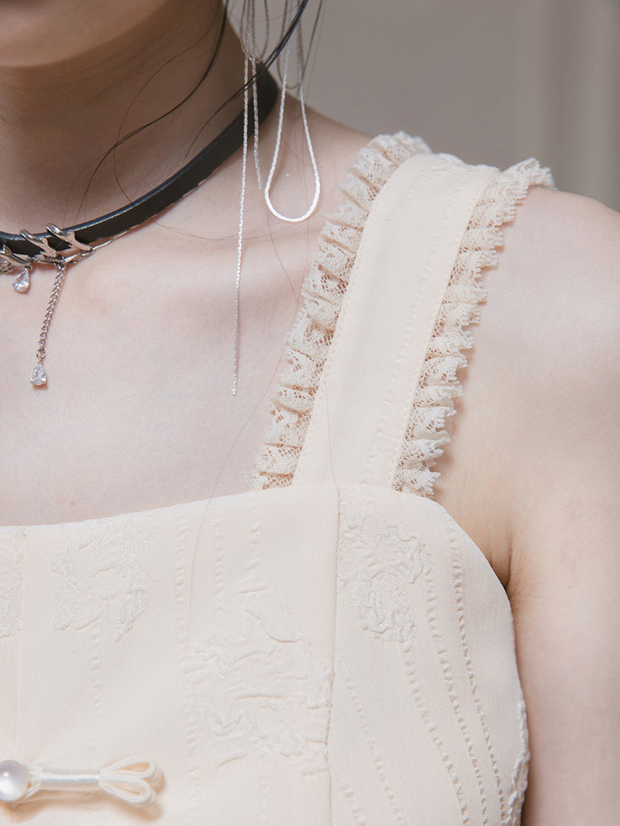 Jacquard Gauze Switching Camisole Top & Ruffle Skirt Set-up