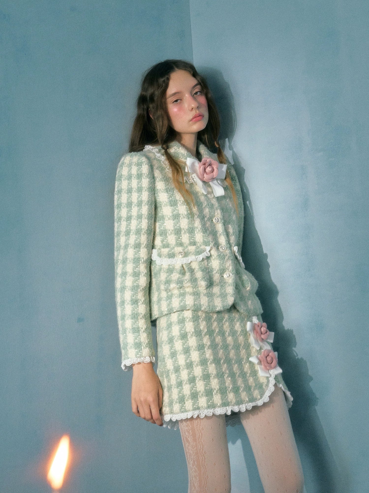 Plaid Bow Flower Brooch Lace Padded Short Jacket & Skirt