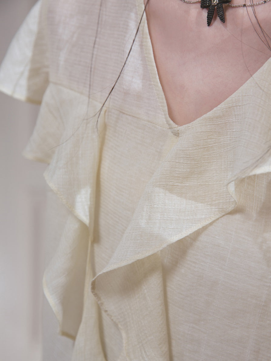 Romantic Curve Ruffle Chiffon Shirt & Tube Top Set-up