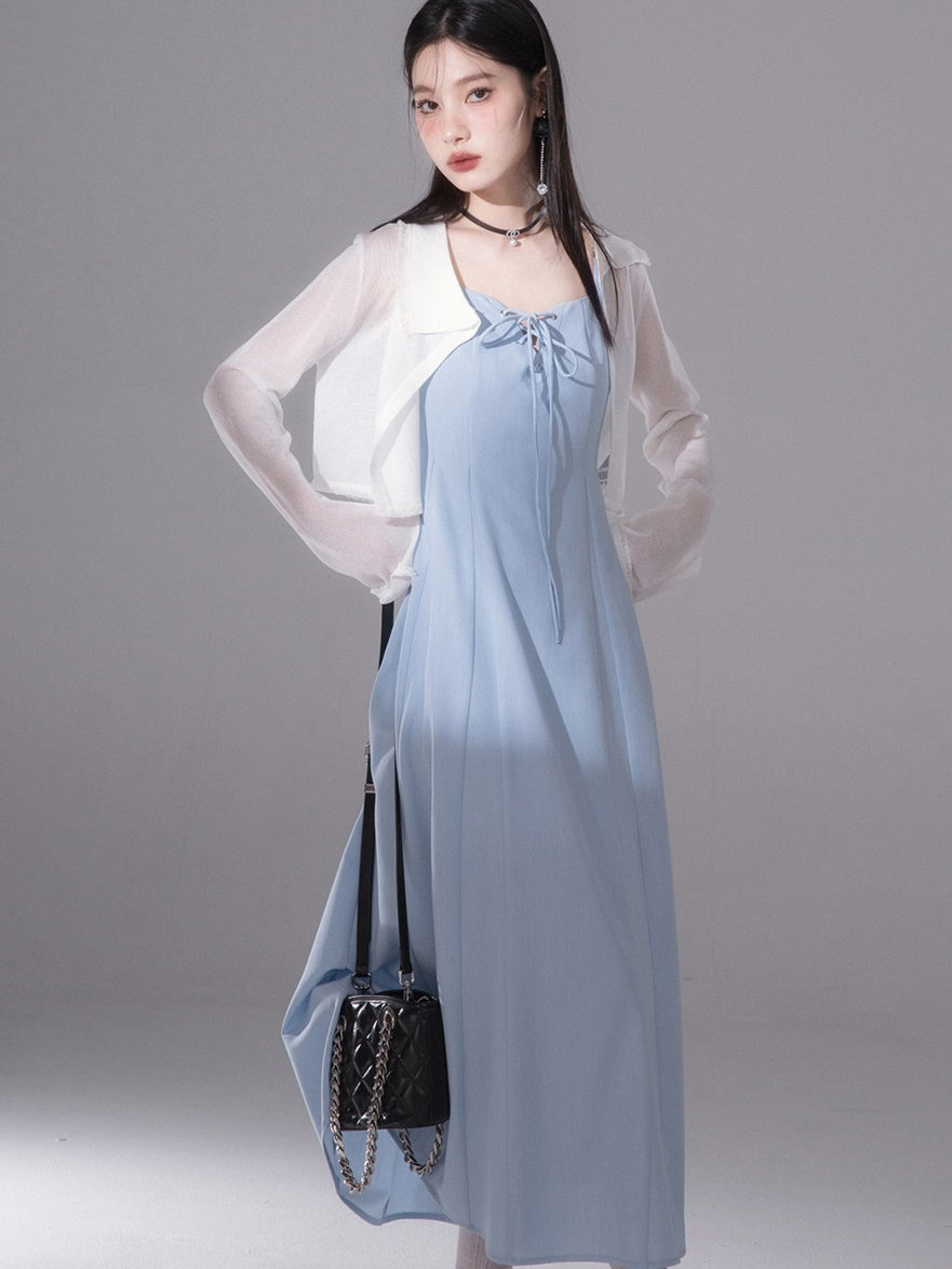 Rope Ribbon Suspender Long Skirt & Short Tank Top Set-up