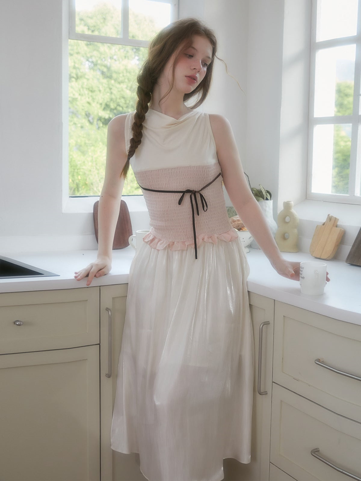 소매 셜링 스티치 원피스 & 볼로로